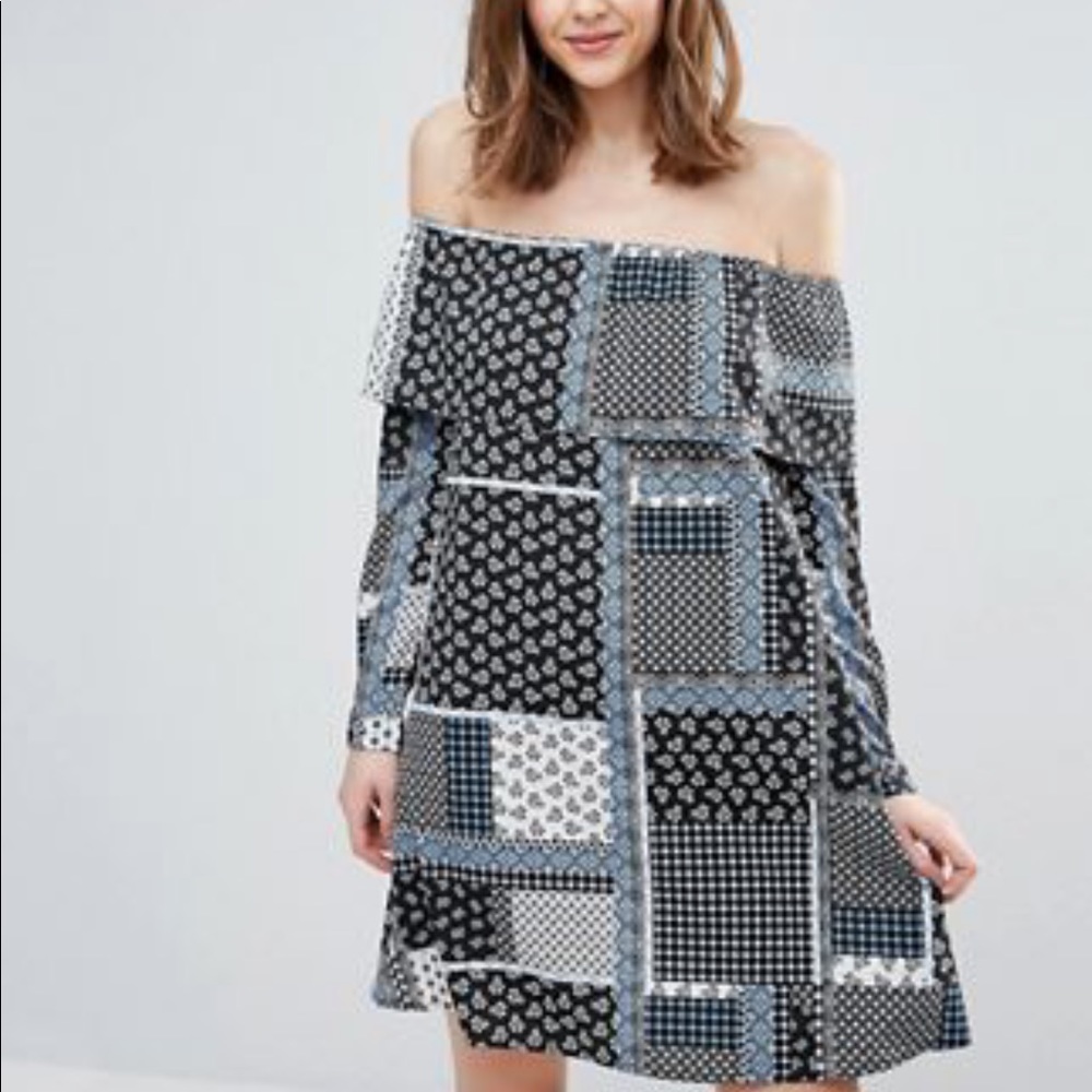 ASOS Off Shoulder Patchwork Blue Floral Dress
